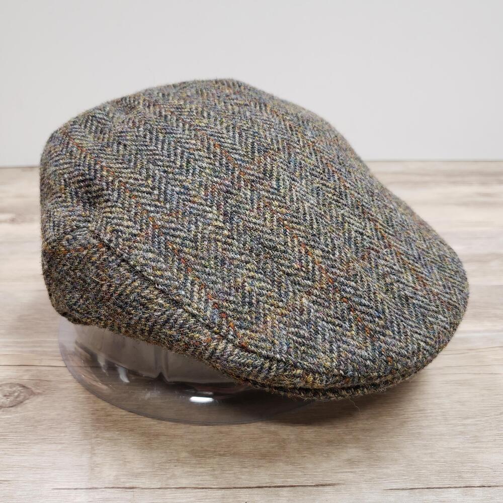 Harris Tweed Hat Flat Cap Mens 7 1/4 Medium Gray Herringbone Wool Winter Lined